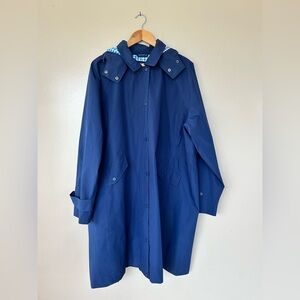 Lands' End Navy Trench Coat with Detachable Hood and Blue Gingham Lining